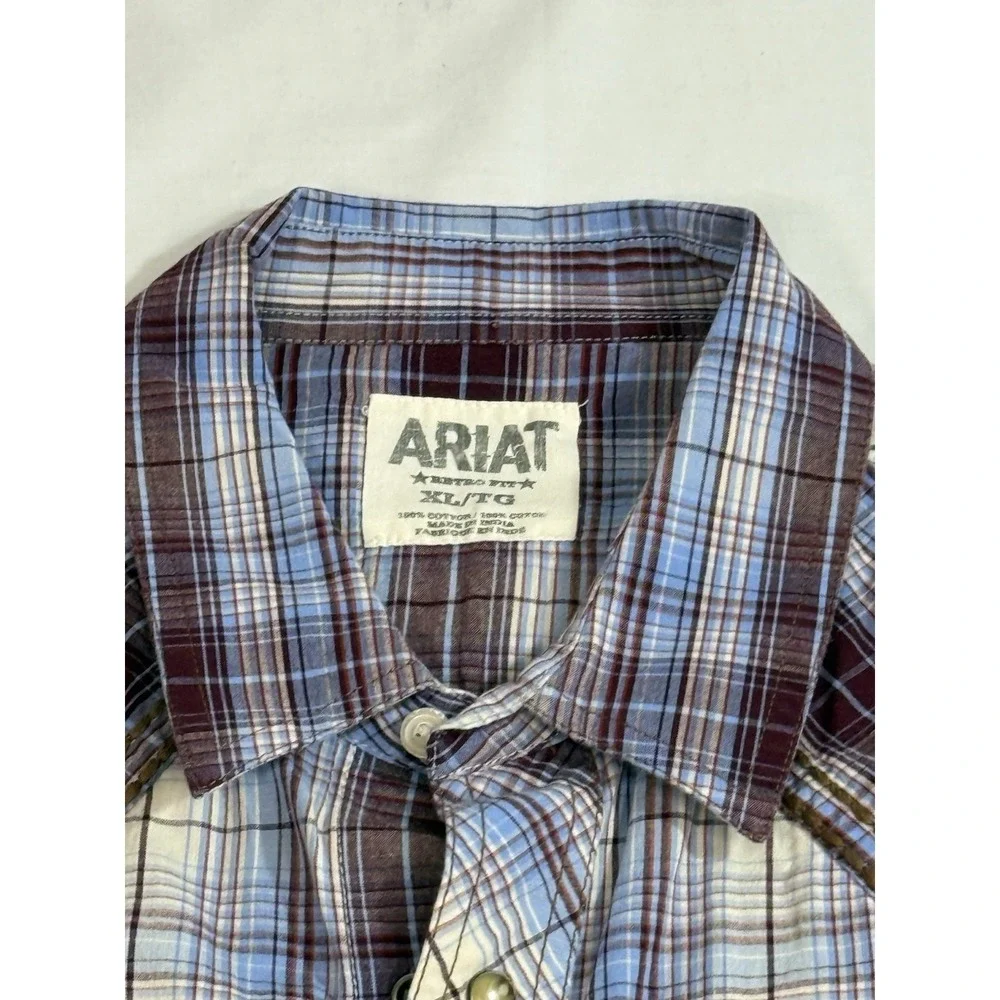 Ariat Retro Fit Pearl Snap Button Mens XL Purple Black Plaid Short Sleeve‎